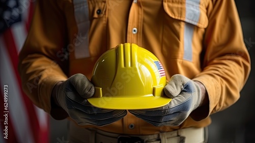 Construction site labor holding a yellow safety helmet