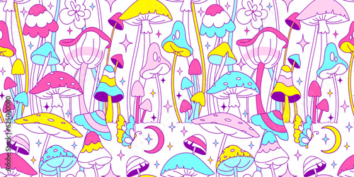 Hippie aesthetic hand drawn wallpaper. Groovy tangled tile seamless pattern with cheerful daisies, funny fungi and hippy plants. Crazy fun retro 60s - 70s vibe.