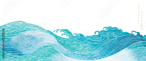  Japanese background with watercolor texture painting element vector. Oriental hand drawn natural wave pattern with ocean sea decoration banner design in vintage style. Marine template.