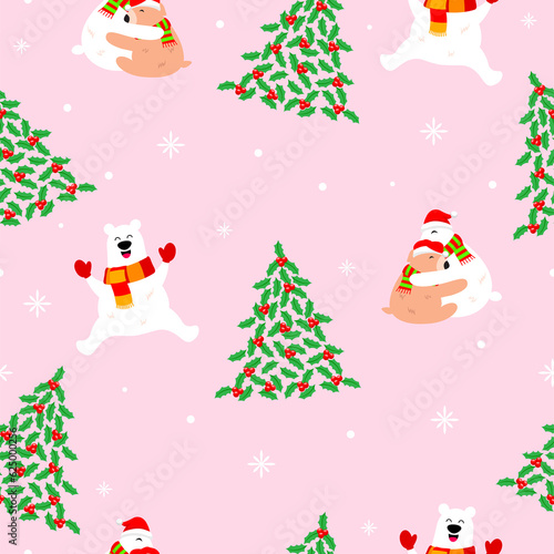 Cute cartoon polar bear animal. Christmas tree and polar bear seamless pattern. Illustration.