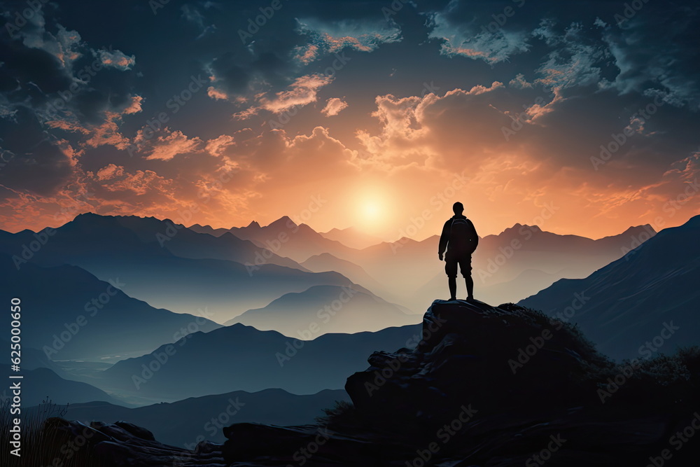 Fototapeta premium silhouette man standing on the mountain with beautiful valley landscape