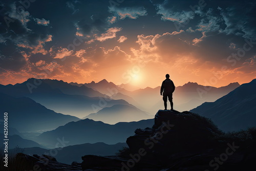 silhouette man standing on the mountain with beautiful valley landscape