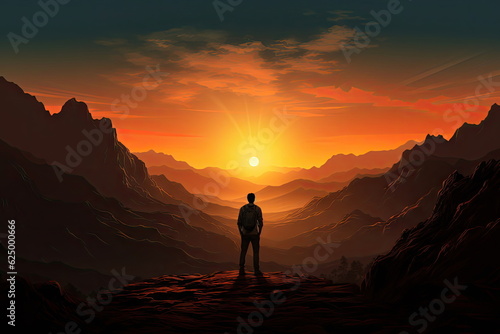 silhouette man standing on the mountain with beautiful valley landscape