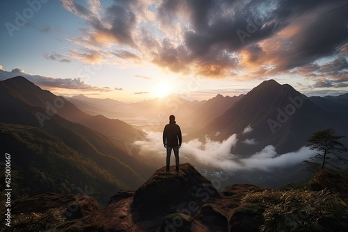 silhouette man standing on the mountain with beautiful valley landscape