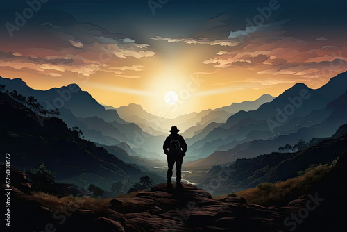 silhouette man standing on the mountain with beautiful valley landscape