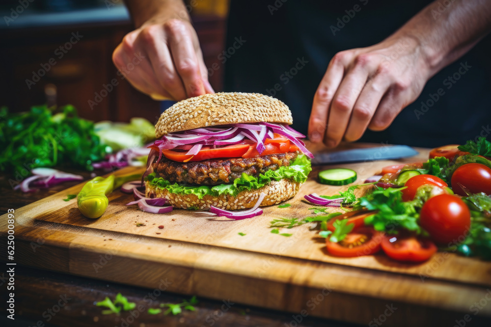 Man cooking vegan burger on a kitchen, Generative AI Man cooking vegan burger on a kitchen, Generative AI