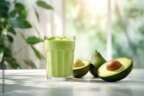 Refreshing Avocado Elixir: Fruit Juice Glass on a Well-Lit Textured Table with Blurred Avocado Background photo