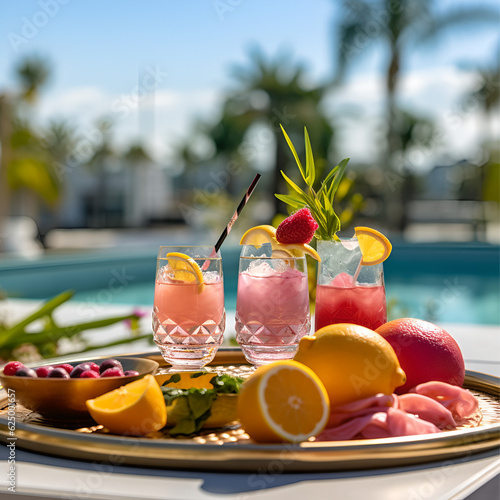 Cocktails on private country club terrace , A plate of fruits with glasses of fresh juice, a pool in the background