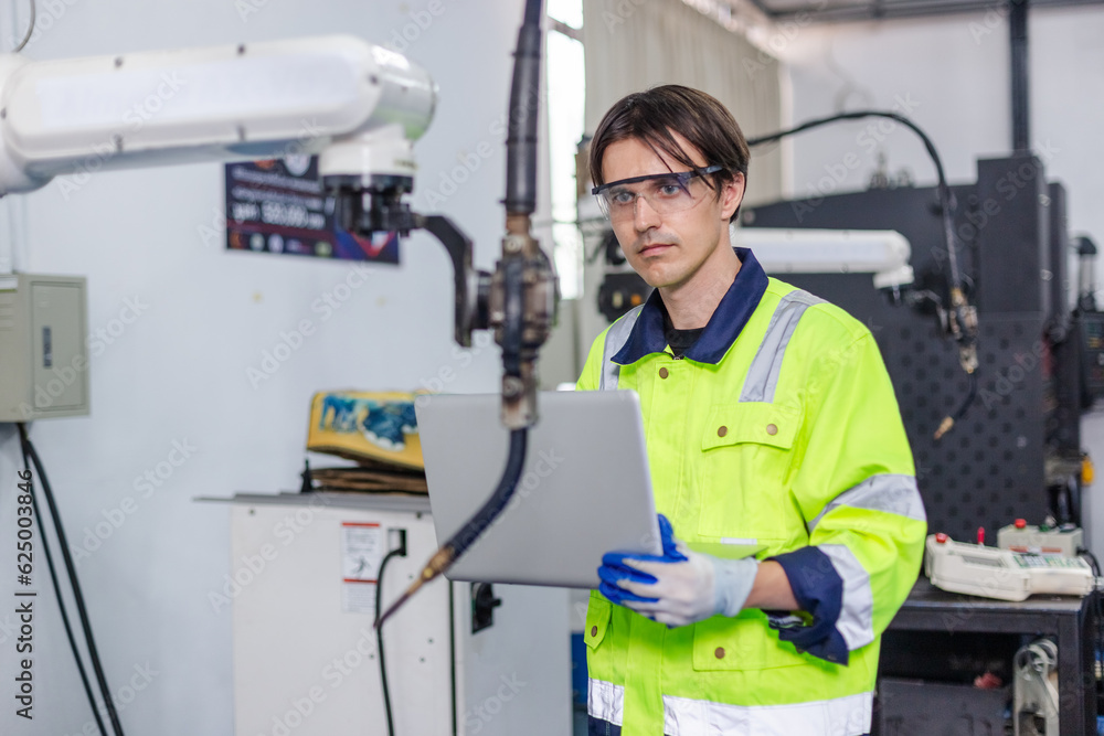 Man technician engineer using laptop control automation robotics at industrial modern factory. Male work checking automation robot at factory innovation. Man technician engineer using laptop control automation robotics at industrial modern factory. Male work checking automation robot at factory innovation.
