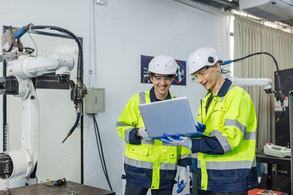 Two man technician engineer using laptop control automation robotics at industrial modern factory. Team worker checking automation robot at factory innovation. Two man technician engineer using laptop control automation robotics at industrial modern factory. Team worker checking automation robot at factory innovation.