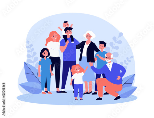 Big family of different generations vector illustration. Drawing or portrait of happy children, parents, grandparents standing together. Family, communication, love, connection, relationship concept