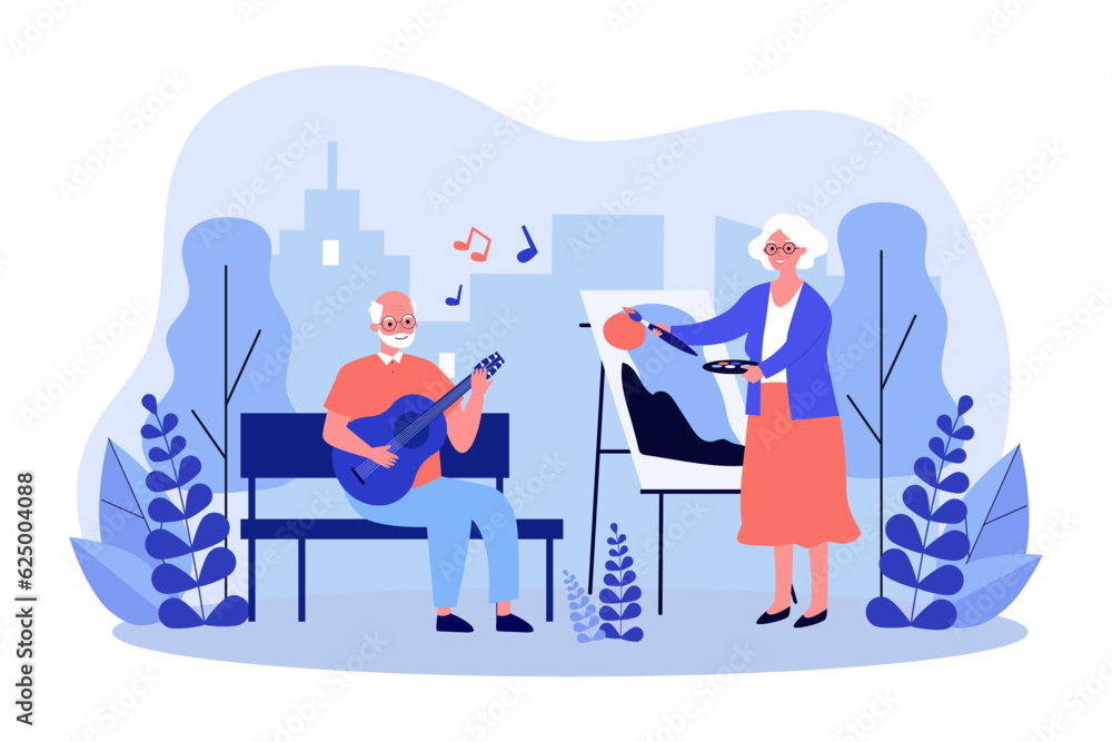 Elderly couple playing guitar and painting vector illustration. Cartoon drawing of old people doing creative activities in park. Senior life, hobby, leisure, creativity concept