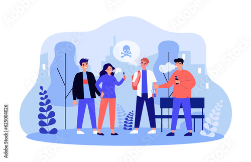 Teenager stopping friends from vaping vector illustration. Cartoon drawing of boy and girl with disposable e-cigarettes, harm for health. Vaping, health, bad habits, addiction concept