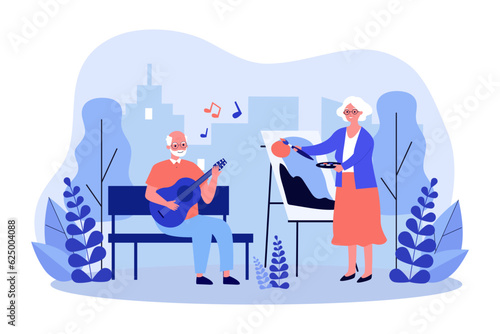 Elderly couple playing guitar and painting vector illustration. Cartoon drawing of old people doing creative activities in park. Senior life, hobby, leisure, creativity concept