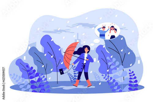 Woman in rainstorm thinking of argument vector illustration. Drawing of scared girl with umbrella in rain or storm, thinking of fighting husband or boss. Climate change, weather, relationship concept