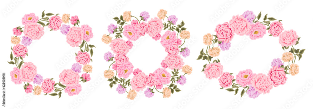 Flower frame and wreath illustration arrangements with colorful rose, peony, floral bud, and green leaf branch elements for wedding card, invitation, decoration Flower frame and wreath illustration arrangements with colorful rose, peony, floral bud, and green leaf branch elements for wedding card, invitation, decoration