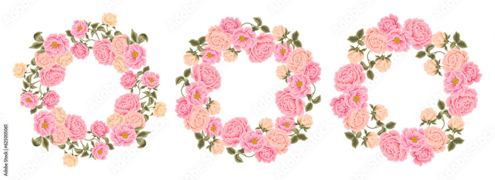 Flower frame and wreath illustration arrangements with colorful rose, peony, floral bud, and green leaf branch elements for wedding card, invitation, decoration Flower frame and wreath illustration arrangements with colorful rose, peony, floral bud, and green leaf branch elements for wedding card, invitation, decoration