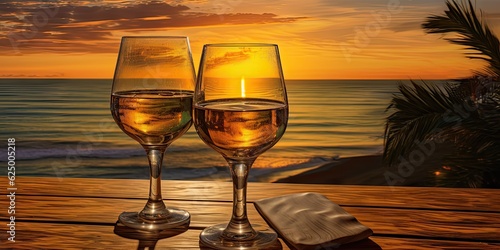 Beach holiday. Sunset landscape background with wine glass on wooden table by sea