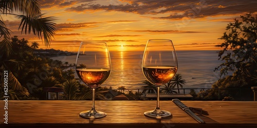 Beach holiday. Sunset landscape background with wine glass on wooden table by sea