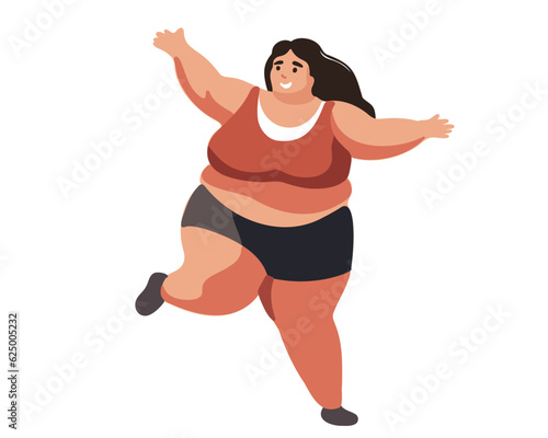 Happy fat woman doing exercises, going in for sports, vector illustration
