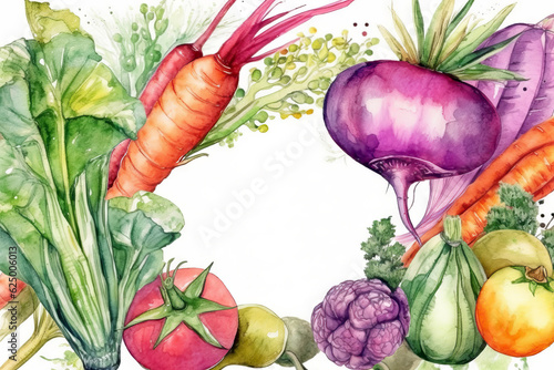 Illustration of watercolor of  vegetables wreath and frame, watercolor illustration.
