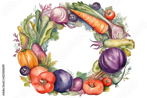Illustration of watercolor of  vegetables wreath and frame, on transparent background with png file.