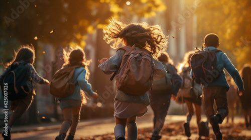 kids with backpacks running to the school. Generative AI © Konstantin Yuganov