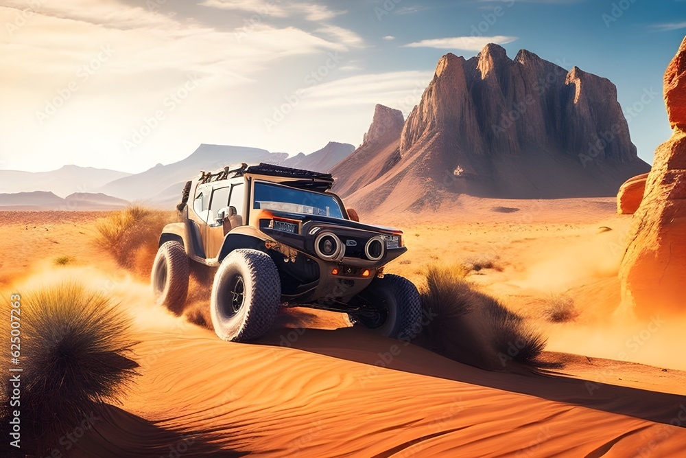 A rugged offroad vehicle navigating a winding path through a sun-drenched desert,