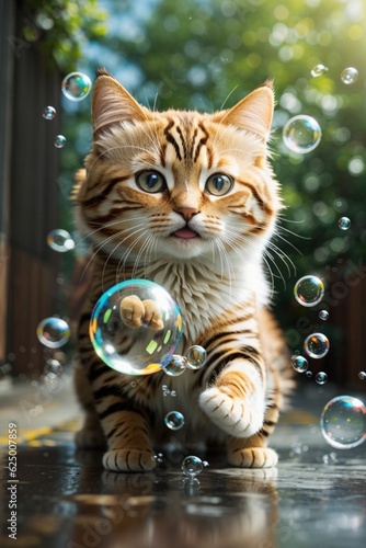 An adorable cat plays bubbles