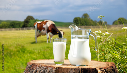 Schilderij op canvas milk in glass and jug on wooden stump with grazing cow on the meadow as backgrou