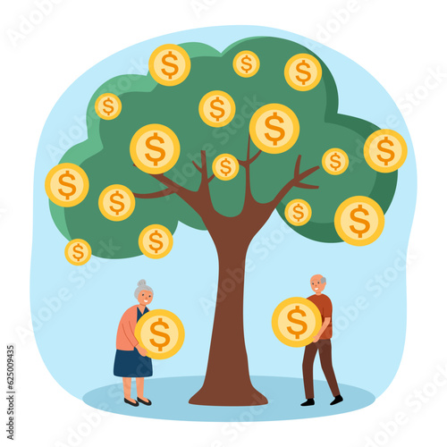 Happy senior retirement couple enjoy harvesting gold coins from precious money tree. Idea for long term investment fund and financial preparation planning for elderly people concept.