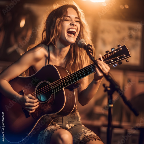 a female singer playing guitar