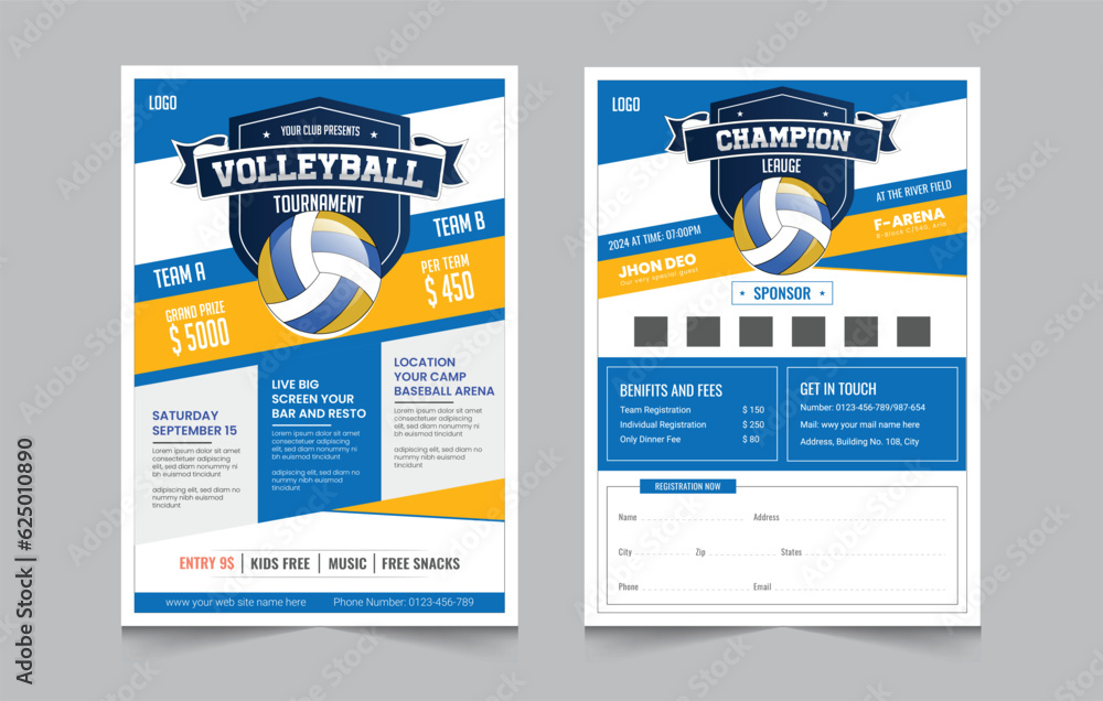 Fototapeta premium Volleyball championship flyer layout, double sided poster design for Volleyball tournament, vector illustration eps 10