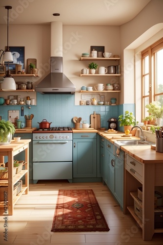 Modern decorated kitchen with windows © Kannaphat