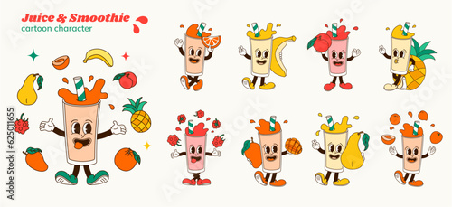 Set of comic cartoon characters of orange, banana, apricot, pineapple, raspberry, mango, pear smoothie or juice. Isolated vector illustration of hand drawing mascots cocktail in retro style