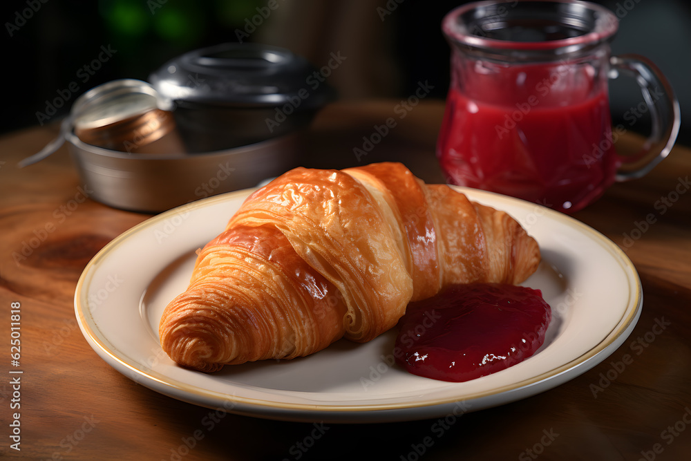 A closeup of croissant and a jam on a plate A closeup of croissant and a jam on a plate