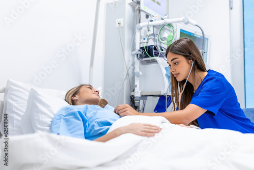 Healthcare concept of professional doctor consulting and comforting patient in hospital bed or counsel diagnosis health. Medical doctor or nurse holding patient s hands and comforting her
