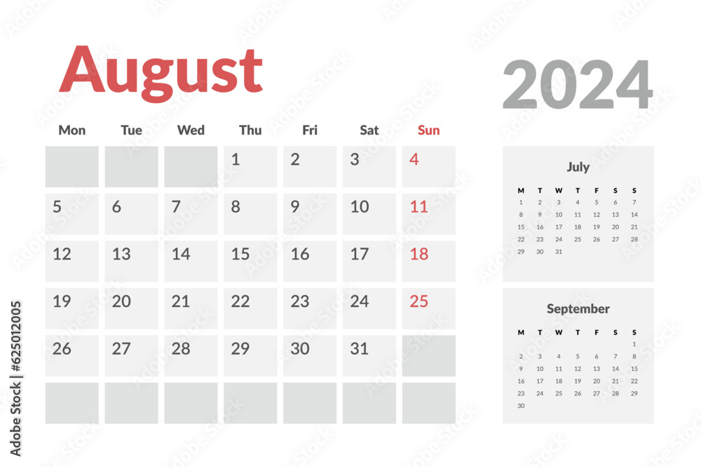 Calendar Template of august 2024. Vector layout simple calendar with week start Monday. Calendar Template of august 2024. Vector layout simple calendar with week start Monday.