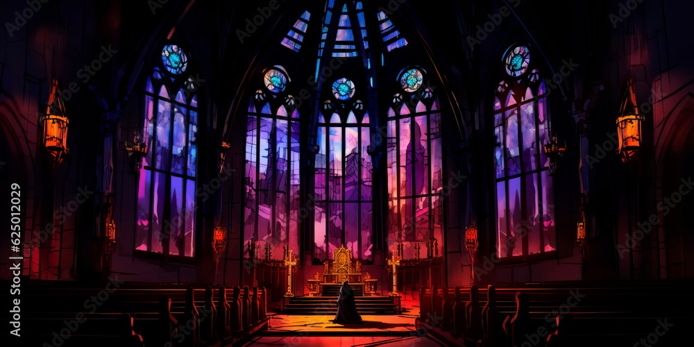 dark and atmospheric Halloween background with a haunted church, stained glass windows, and eerie chanting. Generative AI