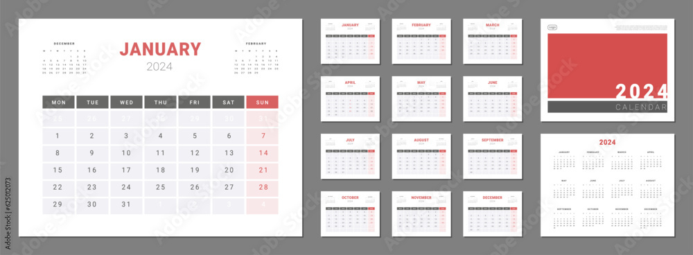 Set of 2024 Calendar Planner Template with Cover and Place for Photo, Company Logo. Vector layout of a wall or desk simple calendar with week start monday. Calendar grid in grey, red color for print Set of 2024 Calendar Planner Template with Cover and Place for Photo, Company Logo. Vector layout of a wall or desk simple calendar with week start monday. Calendar grid in grey, red color for print