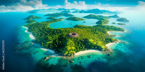 expansive aerial view of a tropical island paradise, with pristine white sandy beaches, turquoise waters teeming with marine life, and lush green rainforests extending to the horizon. Generative AI
