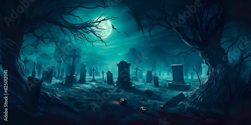 dark and mysterious Halloween background with a haunted cemetery, glowing tombstones, and wisps of ghostly mist. Generative AI