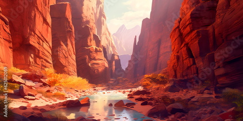 Majestic canyon with steep cliffs, winding rivers, and layers of colorful rock formations . Generative AI