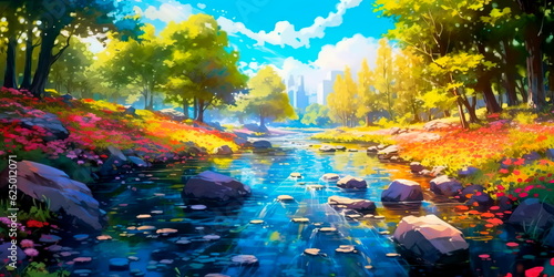 Peaceful river flowing through a vibrant valley, surrounded by vibrant foliage and wildlife Generative AI