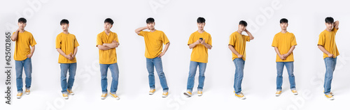 Collection full length handsome asian man lifestyle in yellow casual outfit on isolated white background. Young Asian man happy smile in studio. Business online concept.