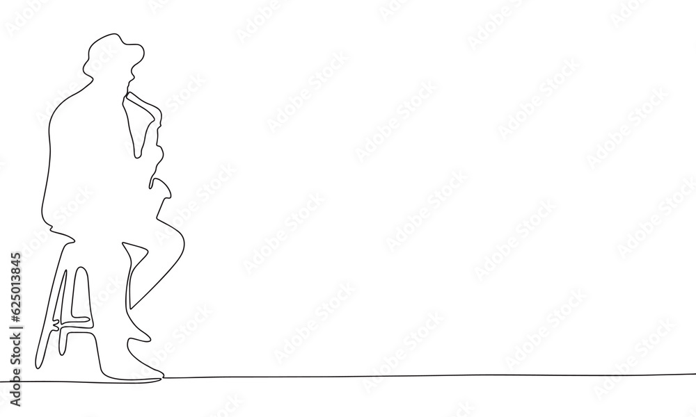 Man saxophonist one line continuous vector illustraiton. Concept music banner. Line art, outline silhouette Man saxophonist one line continuous vector illustraiton. Concept music banner. Line art, outline silhouette