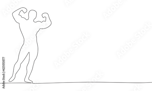 Male bodybuilder one line continuous vector illustraiton. Concept sport banner. Line art, outline silhouette