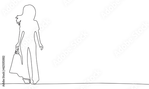 Shopping woman one line continuous vector illustraiton. Concept shop banner. Line art, outline silhouette
