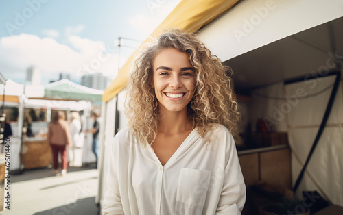 Smiling young woman shoping at a pop-up business shop. Generative AI