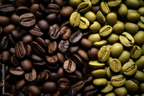 A mix of green and black coffee beans